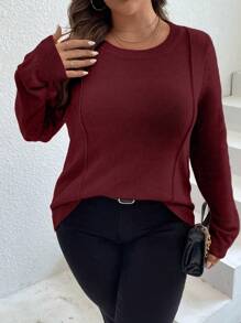 SHEIN LUNE Hơn Đường may Chi tiết Đồ đan Ribbed Áo len - Màu Đỏ Sâu - Xem 7
