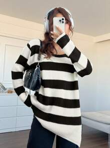 SHEIN EZwear 女士条纹不对称下摆毛衣 - 黑與白 - 查看 2