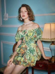 Alice McCall Designer Allover Print Off Shoulder Ruffle Trim Dress, Summer Elegant Dress Outfit, For Holiday, Party, Birthday Outfits, Festival, Wedding Prom Dress - Multicolor - View 1