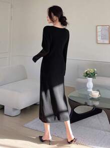 Dazy Star Solid Keyhole Neck Sweater Dress - Black - View 2
