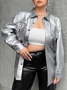 SHEIN Coolane Plus Flap Pocket Drop Shoulder PU Leather Coat - Silver - View 1