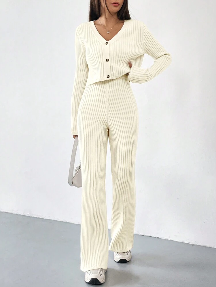 Autumn And Winter 2pcs/Set Women V-Neck Button Decor Contrast Color Long Sleeve Top And Knitted Long Pants Sweater Suit