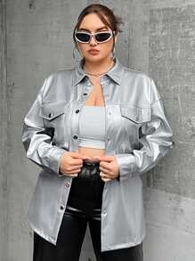 SHEIN Coolane Plus Flap Pocket Drop Shoulder PU Leather Coat - Silver - View 5