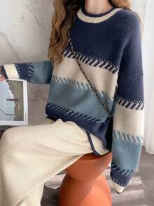 拼色落肩超大毛衣、长袖上衣