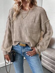 SHEIN Privé Solid Pocket Patched Drop Shoulder Sweater - Khaki - View 4