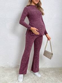 SHEIN 孕婦下擺開叉T恤&可調節腰圍喇叭褲 - 紅木色 - 查看 6