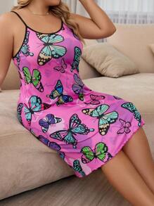 Camisón de pijama con estampado floral y de mariposas para tallas grandes - Rosa Fucsia - Ver 3