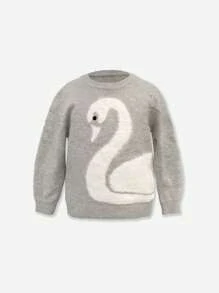 SHEIN 女小童天鵝樣式水鑽細節套頭毛衣 - 灰色 - 查看 1