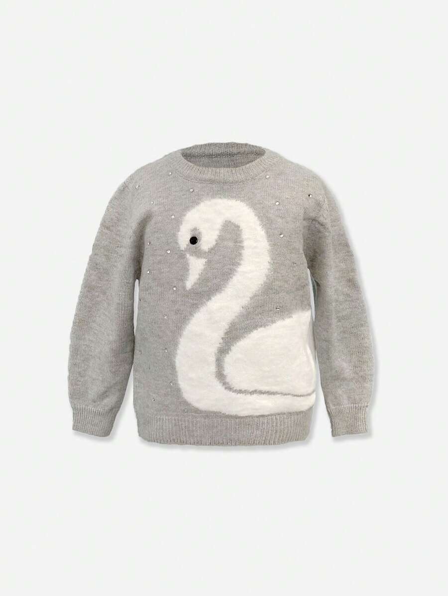SHEIN 女小童天鵝樣式水鑽細節套頭毛衣 - 灰色 - 查看 1