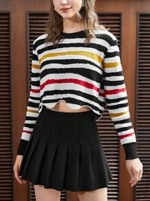 SHEIN EZwear Striped Pattern Scallop Hem Crop Sweater - Multicolor - View 1