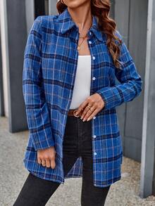 SHEIN LUNE In kẻ sọc Nút phía trước Áo sơ mi - Màu xanh lam - Xem 4