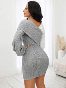 Allurite Two Tone Asymmetrical Neck Lantern Sleeve 2 In 1 Dress - Grey - View 2