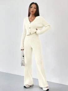 SHEIN EZwear Autumn And Winter 2pcs/Set Women V-Neck Button Decor Contrast Color Long Sleeve Top And Knitted Long Pants Sweater Suit