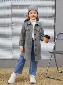 Young Girl Flap Pocket Drop Shoulder Overcoat - Grey - View 3