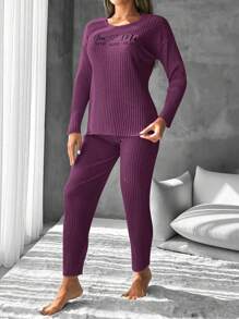 RueChic Women's Letter Print Ribbed Knit Lounge Wear Set - Red Violet - View 3
