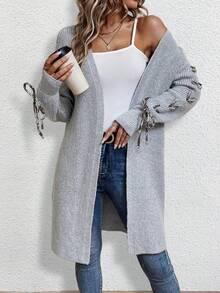 SHEIN Essnce 系带细节落肩开衫 - 灰色 - 查看 4