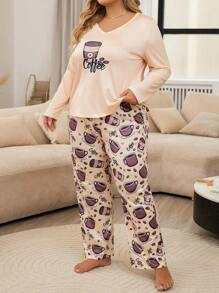 Plus Coffee & Letter Graphic PJ Set / Pajama Set