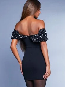 Hauture Off Shoulder Contrast Sequin Bodycon Mini Dress