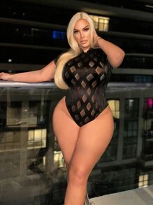 SHEIN SXY Plus Size Sheer Mesh Bodysuit - Black - View 1