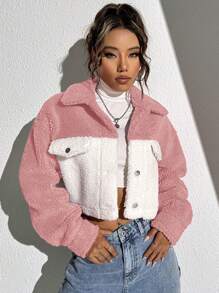 SHEIN Unity Hai âm Thả vai Mùa vụ Áo Teddy Jackets - Màu Hồng baby - Xem 3