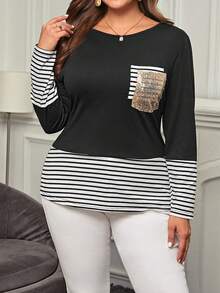 EMERY ROSE Plus Contrast Striped Print Sequin Panel Tee - Black - View 4