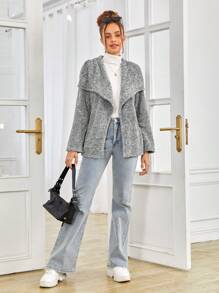 SHEIN 青少年女孩大翻領開門襟搖粒絨外套 - 灰色 - 查看 4