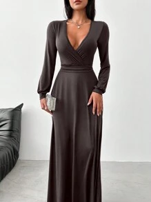EURMUSE Deep V-neck High Split Dress - Dark Grey - View 3