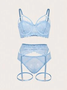 Floral Lace Harness Garter Lingerie Set - Baby Blue - View 1