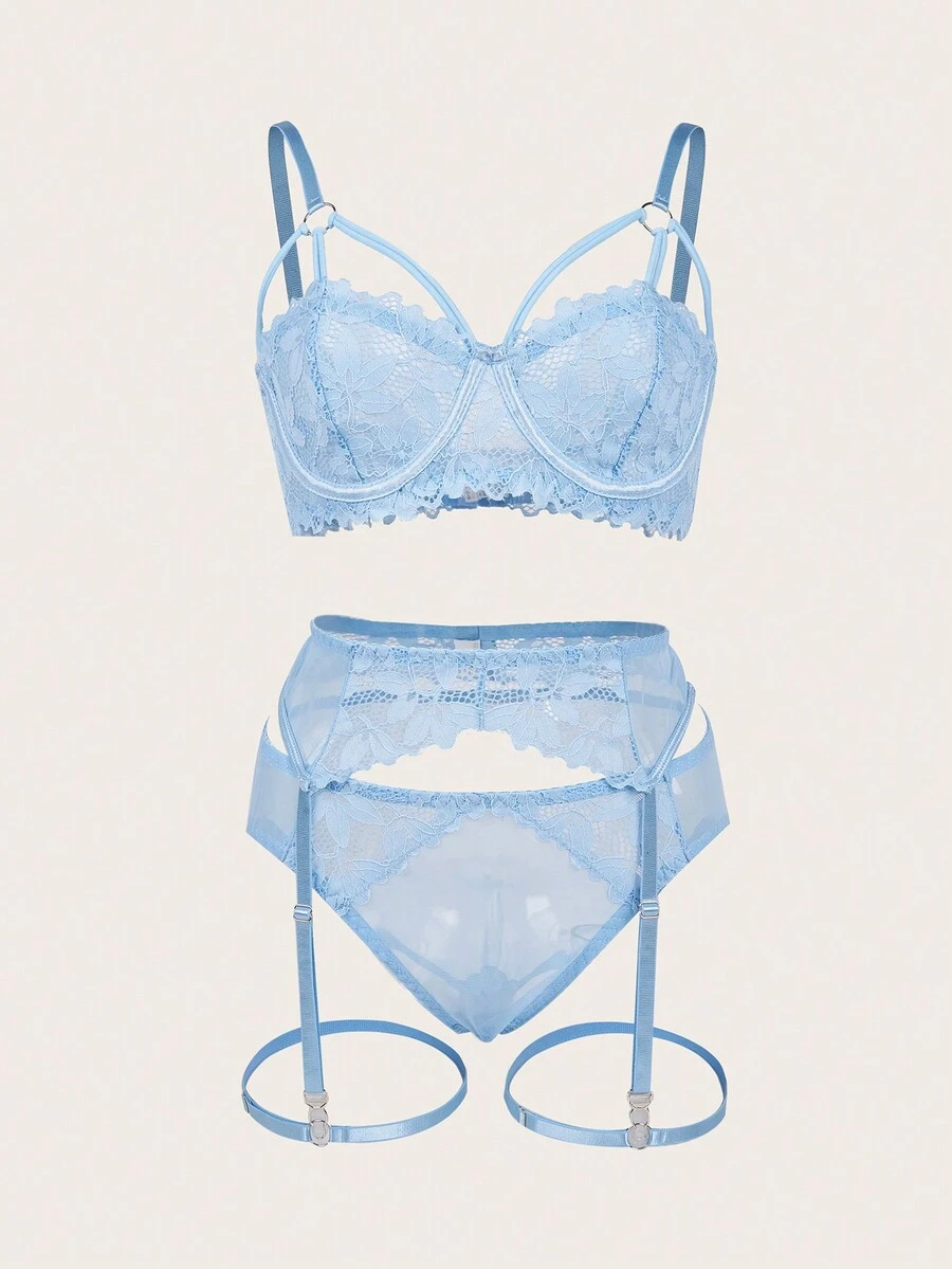 Floral Lace Harness Garter Lingerie Set - Baby Blue - View 1