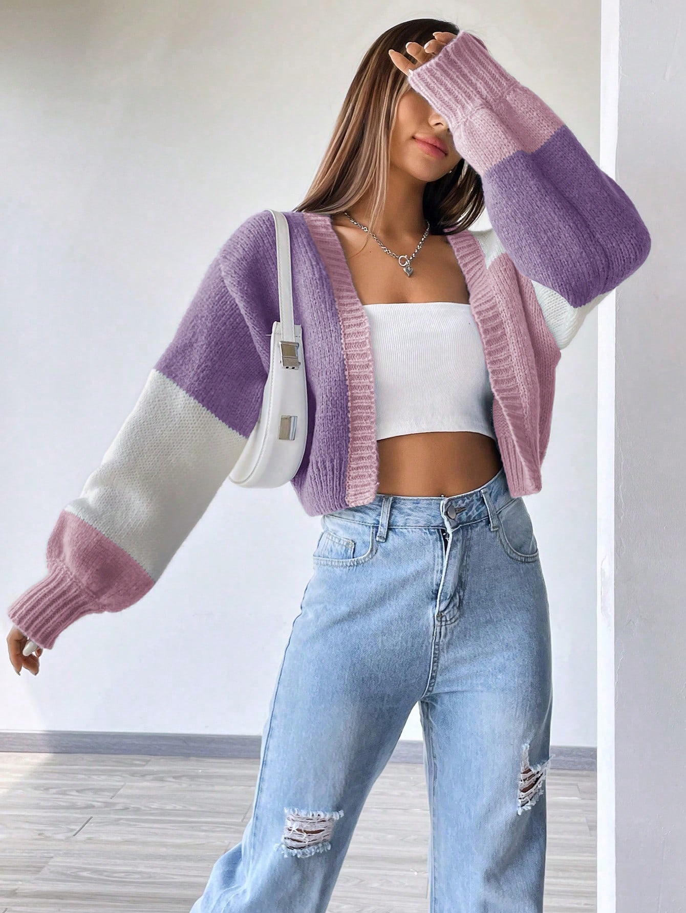 SHEIN MOOSTA Loose Slouchy Cropped Cardigan With Open Front
