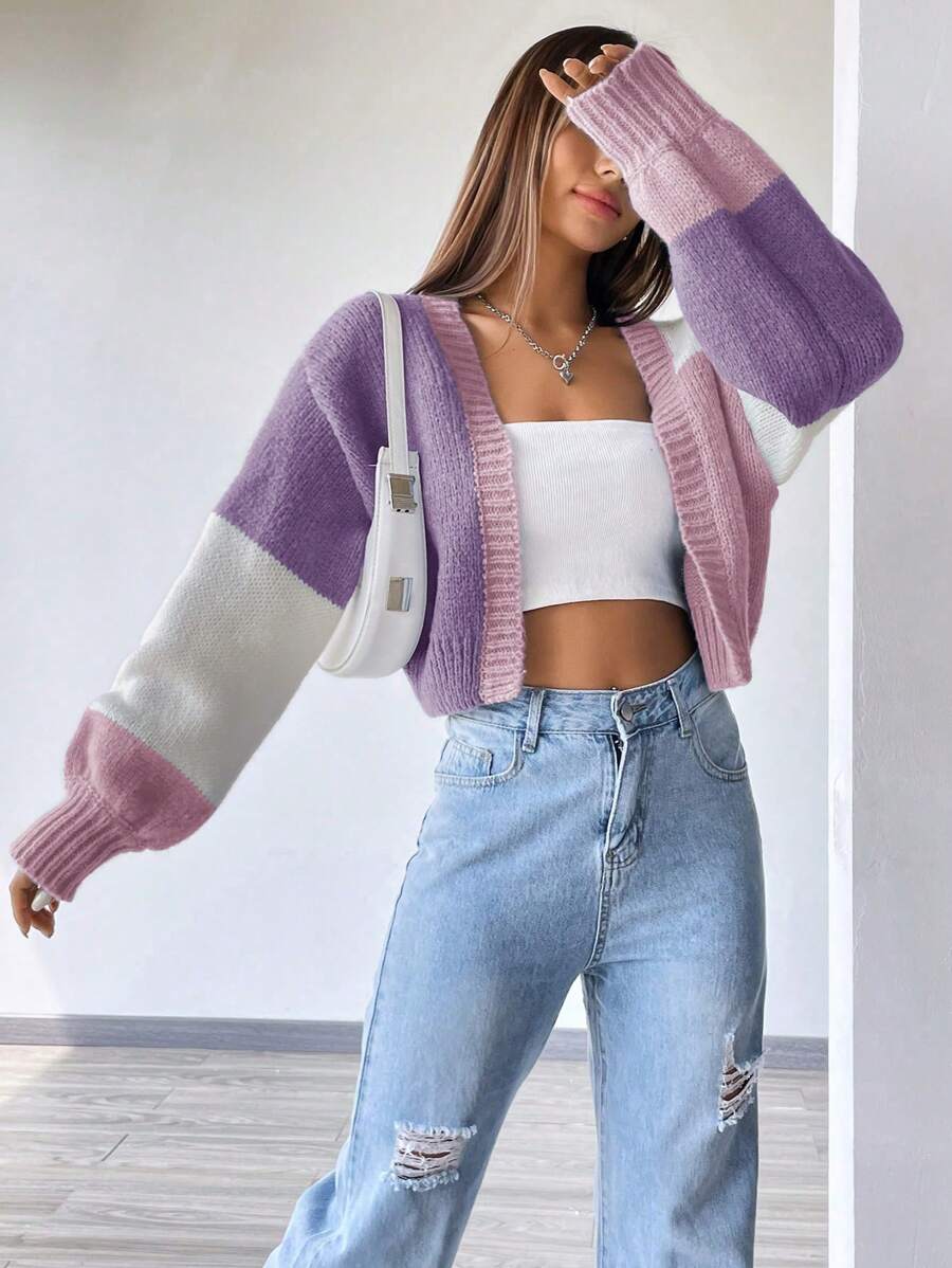 SHEIN Unity Loose Slouchy Cropped Cardigan With Open Front,Long Sleeve Tops Fall Winter Cloth For Women - Multicolor - View 1