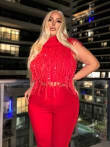SHEIN SXY Giáng sinh & Năm mới Qủa tặng Của phụ nữ Đỏ  Áo vest Sọc Thiết kế Cổ áo cao Không tay Đối với - Đỏ - Xem 4