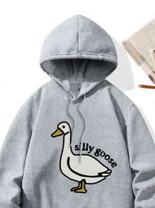 Men Duck & Letter Graphic Drawstring Thermal Lined Hoodie - Light Grey - View 3