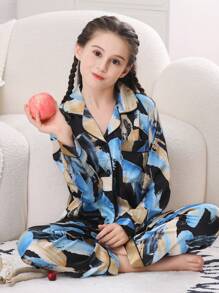 2pcs/set Spring And Autumn Girls' Pattern Printed Pajama Set - Blue - View 4