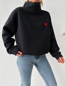 SHEIN Cottnline Sudadera con bordado de corazón de cuello cisne de hombros caídos - Negro - Ver 5