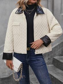 SHEIN Privé Contrast Collar Flap Pocket Drop Shoulder Quilted Padded Coat Clothes Winter - Black and White - View 3