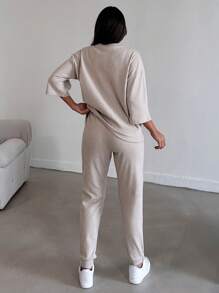 EURMUSE Solid Drop Shoulder Top & Sweatpants - Beige - View 2