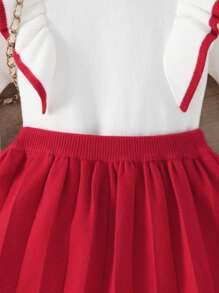 SHEIN 女小童可愛荷葉邊蝴蝶結套頭毛衣帶寬鬆中長半身裙套裝 - 紅白色 - 查看 4