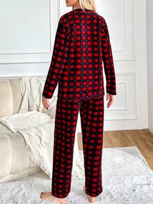 RueChic 女式紅色格紋長袖長褲睡衣套裝 - 紅色 - 查看 3
