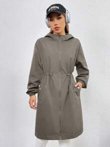 SHEIN EZwear Eo dây rút áo có mũ Dây kéo Túi nghiêng Áo khoác - Xám - Xem 5