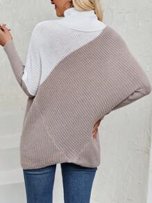 SHEIN LUNE Suéter de cuello alto de bloque de color con mangas de murciélago para otoño e invierno - Caqui - Ver 2