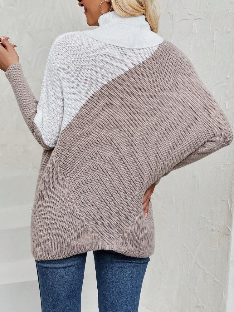 Color Block Turtleneck Batwing Sleeve Knit Pullover Fall Winter Sweater