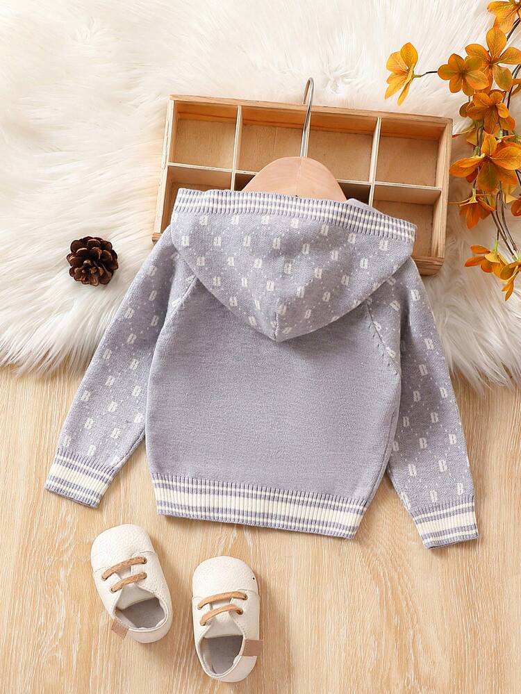 Baby Boy Striped & Letter Pattern Raglan Sleeve Hooded Cardigan