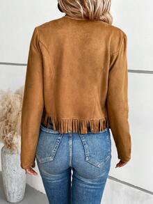 SHEIN VCAY Xu hướng: Cắt giảm Fringe Hem Mở Mặt trước Áo khoác - màu nâu - Xem 2