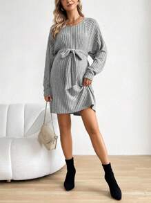 SHEIN Vestido De Maternidad Con Cuello Redondo Y Manga Larga Raglan Ajustado Con Costillas - Gris - Ver 3