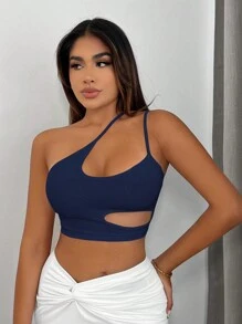 SHEIN SXY Một bờ vai Cắt ra Top Cây trồng - Màu xanh hải quân - Xem 4