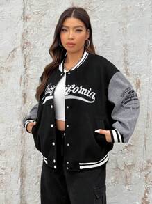 SHEIN EZwear Plus Letter Graphic Striped Trim Drop Shoulder Varsity Jacket - Multicolor - View 3