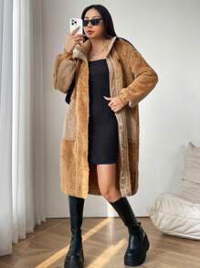 SHEIN EZwear 字母補丁細節落肩袖絨毛外套 - 駝色 - 查看 6