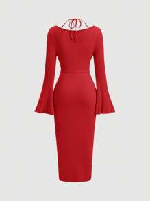 SHEIN MOD Draped Collar Flounce Sleeve Ruched Wrap Hem Bell Sleeves Red Long Dress - Red - View 2