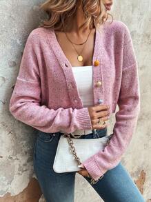 SHEIN Frenchy Bông Giấy Đan Thả vai Nút phía trước Cắt sửa áo lông cừu - Hồng - Xem 1